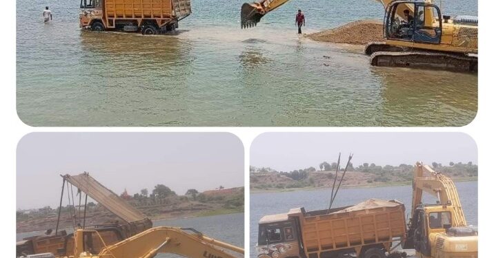 नर्मदा नदी में रेत उत्खनन करते पोकलेन और 2 डंपर पर तीन विभागों की संयुक्त कार्यवाही