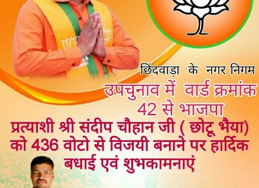 छिंदवाड़ा नगरी निकाय चुनाव वार्ड क्रमांक 42 में बीजेपी के संदीप चौहान 436 वोट से जीते