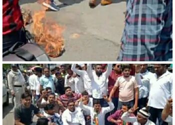 पुलिस की नोकझोंक के बीच युवक कांग्रेस सफल हुआ सीएम का पुतला जलाने में*  *वाटर मशीनरी भी नहीं आई काम युवक कांग्रेस ने जला दिया सीएम का पुतला*  *पुलिस देखते रह गई और पुतला जल गया*