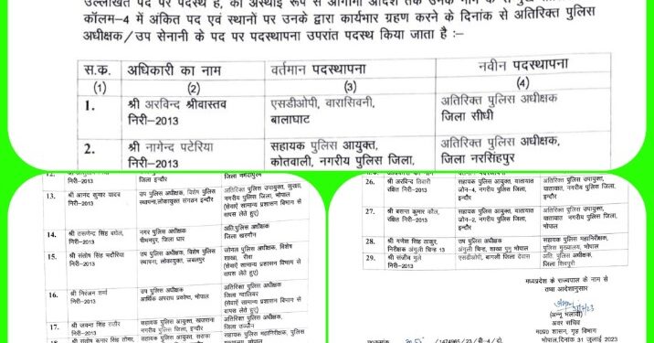 राज्य पुलिस सेवा संवर्ग के उप पुलिस अधीक्षक/सहायक सेनानी स्तर के अधिकारियों को वर्तमान पदस्थापना से स्थानांतरण करते हुए नवीन पदस्थापना के आदेश जारी किए गए