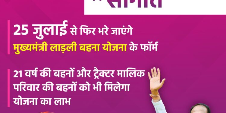 बहनों को मुख्यमंत्री शिवराज सिंह चौहान की बड़ी सौगात।  25 जुलाई से फिर भरे जाएंगे मुख्यमंत्री लाड़ली बहना योजना के फॉर्म
