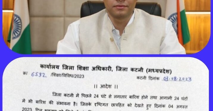 बारिश के मद्देनजर जिले की सभी शालाओं में 4 अगस्त को अवकाश घोषित.* *कलेक्टर श्री प्रसाद ने जारी किया आदेश.*