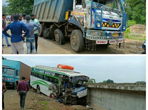 भोपाल से बैतूल जा रही बस का बरखेड़ा रोड पर डंपर द्वारा टक्कर मारने से दुर्घटना हो गई,ड्राइवर की सक्रियता से यात्रियों की बची जान,ड्राइवर की हालत गंभीर