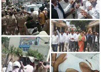 हापुड़ मुख्यालय के न्यायालय बार एसोसिएशन अधिवक्ताओं द्वारा 29/8/2023 शान्ति पूर्ण रूप से धरना प्रदर्शन किया जा रहा था। लेकिन परिसर के बाहर कुछ