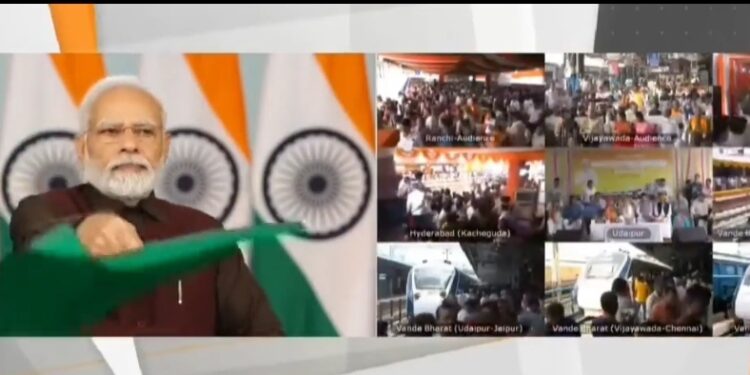 PM Narendramodi flags off nine Vande Bharat Express trains.