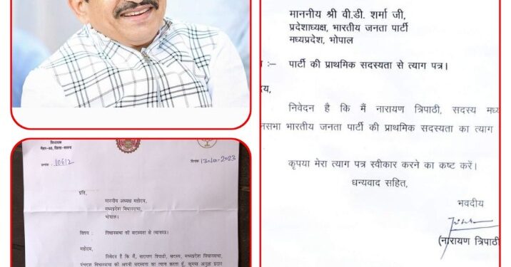 नारायण त्रिपाठी ने भारतीय जनता पार्टी की प्राथमिक सदस्यता से एवं विधानसभा की सदस्यता से इस्तीफा दे दिया