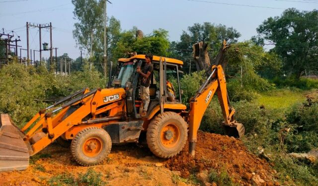 भूमाफिया ने कटवा दिया शासकीय भूमि पर लगे हरे भरे दो विशाल पेड़  प्रशासन ने शुरू किया कार्रवाई, शासकीय भूमि पर सड़क भी बनवा रहा था भू-माफिया