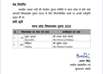 मध्य प्रदेश बीजेपी ने बाक़ी बचे दो नामों की घोषणा की, विदिशा से मुकेश टंडन और गुना से पन्ना लाल शाक्य भाजपा प्रत्याशी घोषित।