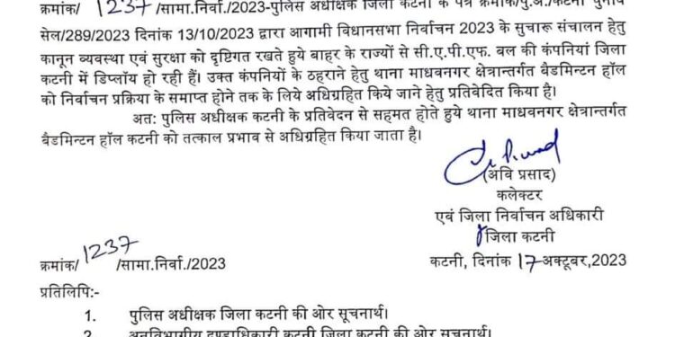 माधवनगर क्षेत्रान्तर्गत बैडमिन्टन हॉल निर्वाचन प्रक्रिया के समाप्त होने तक तत्काल प्रभाव से अधिग्रहित