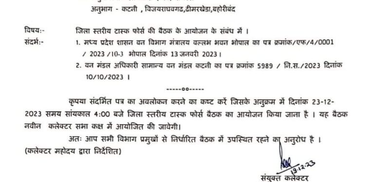 जिला स्तरीय टास्क फोर्स समिति की बैठक आज