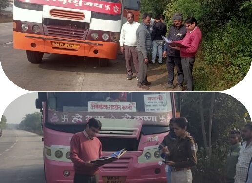 नियम विरूद्ध तरीके से दौड रहीं यात्री बसों पर 2 लाख से अधिक का लगा जुर्माना  आर.टी.ओ द्वारा की गई जिले की 22 यात्री बसों की जांच