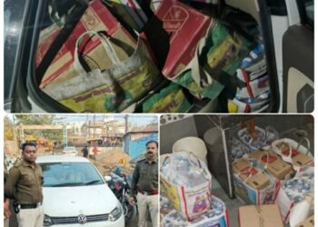 शराब की तस्करी करते पुलिस ने कार सहित 223 लीटर अवैध शराब पकड़ी