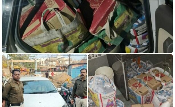 शराब की तस्करी करते पुलिस ने कार सहित 223 लीटर अवैध शराब पकड़ी
