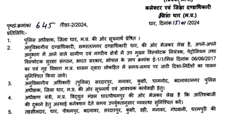 कलेक्टर ने श्री राम की प्राणप्रतिष्ठा संबंधी आयोजन के तहत आतिशबाजी (पटाखे) अनुज्ञप्ति हेतु आदेश जारी किया है।