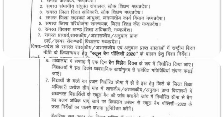 भोपाल स्कूल शिक्षा विभाग ने जारी की स्टूडेंट बैग पॉलिसी, MP के स्कूलों में एक दिन रहेगा नो बैग डे, उस दिन को बिना बैग के स्कूल जाएंगे स्टूडेंट्स,देखे नियम