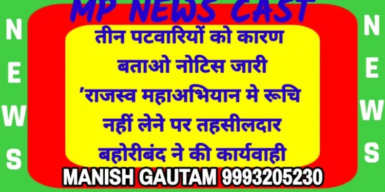 तीन पटवारियों को कारण बताओ नोटिस जारी ’राजस्व महाअभियान मे रूचि नहीं लेने पर तहसीलदार बहोरीबंद ने की कार्यवाही