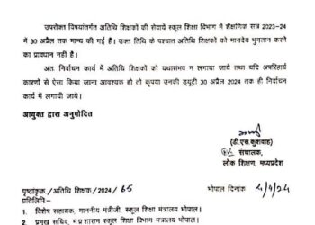 भोपाल  अतिथि शिक्षकों की चुनाव में ड्यूटी न लगाने के निर्देश, यदि बेहद आवश्यक हो तब भी केवल 30 अप्रैल तक ही चुनाव कार्य कराया जाए,