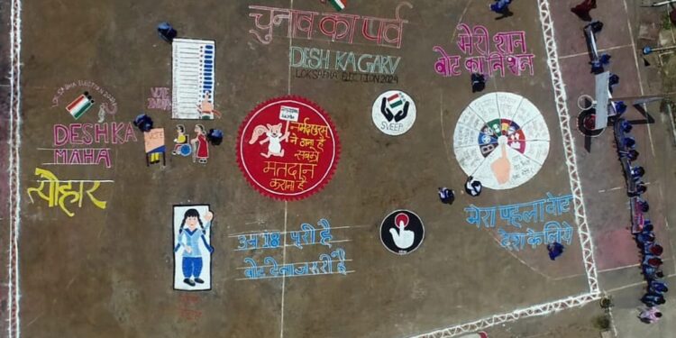 शासकीय गृह विज्ञान स्नातकोत्तर अग्रणी महाविद्यालय की छात्राओं ने नर्मदापुरम करेगा वोट थीम पर वृहद स्तर पर किया रंगोली का निर्माण