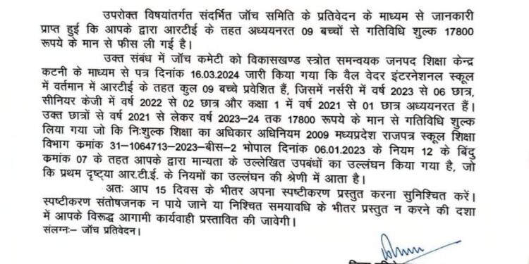 कक्षावार 30 फीसदी तक फीस वृद्धि करने ओर और.टी.ई के छात्रों से अन्य गतिविधि की फीस लेने पर वैलवेदर इंटरनेशनल स्कूल को कारण बताओ नोटिस जारी  27 मई को कलेक्टर की अध्यक्षता वाली समिति के समक्ष उपस्थित होकर पक्ष रखने के निर्देश