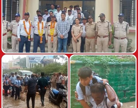 सागर पुलिया के नीचे तेज बारिश मे बच्चो से भरी बस से रेस्क्यू कर बाहर निकालने पर यातायात प्रभारी राहुल पांडे ने पुष्प हार माला पहनाकर किया सम्मान देखिऐ VIDEO