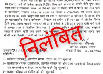 पटवारी  श्रीमति प्रीति गुप्ता को अपने कर्तव्यों के प्रति दोषी पाए जाने पर तत्काल प्रभाव से निलम्बित किया गया।