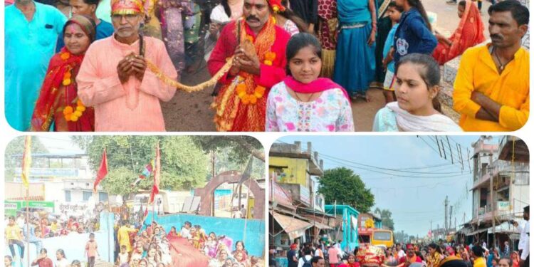 नवरात्र पर्व पर श्रद्धालुओं ने निकाली विशाल चुनरी यात्रा उमरियापान में बड़ी माई को 108 मीटर और महाकाली को चढ़ाई 51 मीटर लंबी चुनरी,बड़ी संख्या में शामिल रहे माता के श्रद्धालु,भाव खेलते और दंड भरते चलते रहे माता का भक्त
