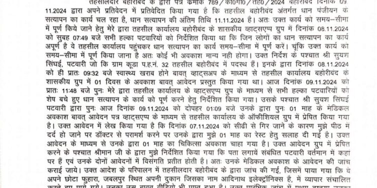 शासकीय कर्तव्य से अनुपस्थित पटवारी सुयश सिंघई को एस डी एम बहोरीबंद ने जारी किया कारण बताओ नोटिस