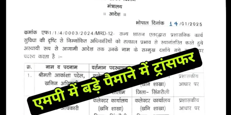 MP: खनिज विभाग में बड़े पैमाने पर तबादले, बदले गए कई खनिज अधिकारी,ट्रांसफर सूची जारी
