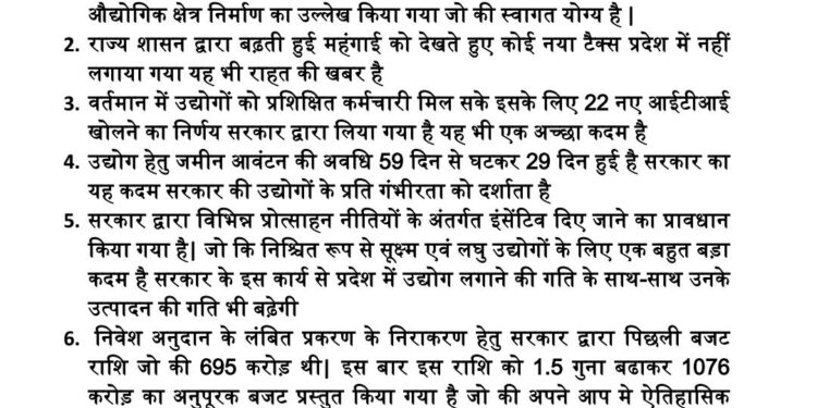 लघु उद्योग भारती मध्य प्रदेश की बजट पर प्रतिक्रिया