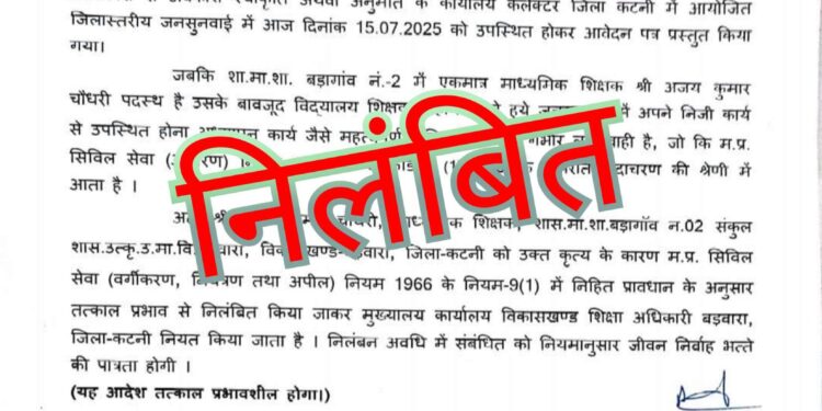 शासकीय माध्‍यमिक शाला बड़ागांव का माध्‍यमिक शिक्षक श्री चौधरी निलंबित