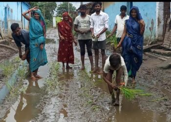 ग्रामीणों ने सड़क पर की धान की रोपाई,,जताया विरोध प्रदर्शन,,