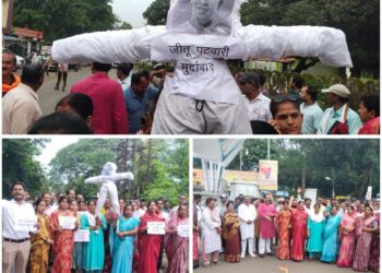 *कांग्रेस प्रदेशाध्यक्ष जीतू पटवारी के बयान पर महिलाओं का फूटा आक्रोश…. ..नेहरू स्मारक पर भाजपा महिला मोर्चा ने किया पुतला दहन, जताया विरोध ………….