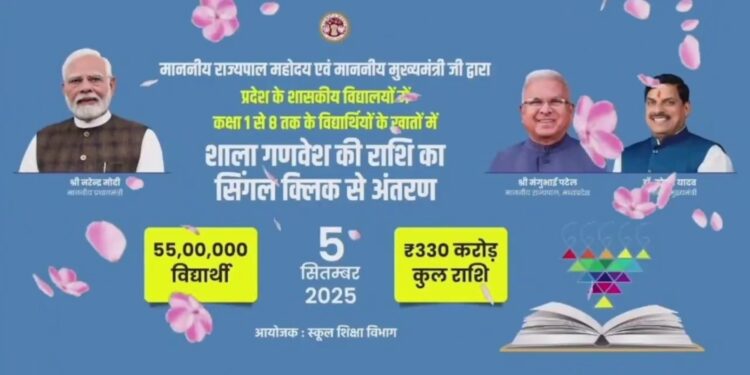 आज प्रशासन अकादमी, भोपाल में आयोजित राज्य स्तरीय शिक्षक सम्मान समारोह 2025 में सिंगल क्लिक से प्रदेश के 55 लाख विद्यार्थियों को गणवेश खरीदने के लिए ₹330 करोड़ की धनराशि अंतरित की।