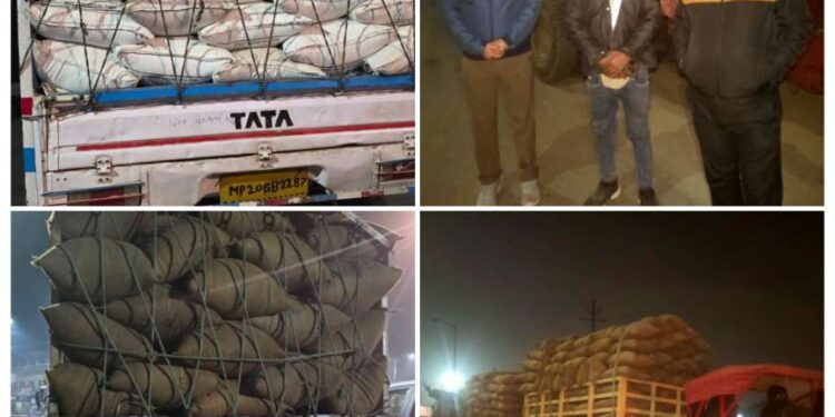 धान का अवैध परिवहन करते पकडी गई ट्रेक्टर और दो ट्राली. दो पिकअप वाहन भी जप्त.