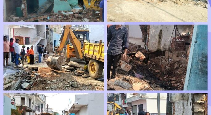 *शारदा चौक पर नाली के ऊपर से अतिक्रमण हटाया, नगर निगम की कार्रवाई*