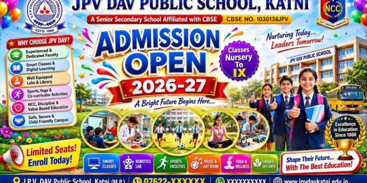 JPV DAV PUBLIC SCHOOL, कटनी में एडमिशन ओपन 2026-27 आधुनिक शिक्षा, संस्कार और सर्वांगीण विकास का भरोसा