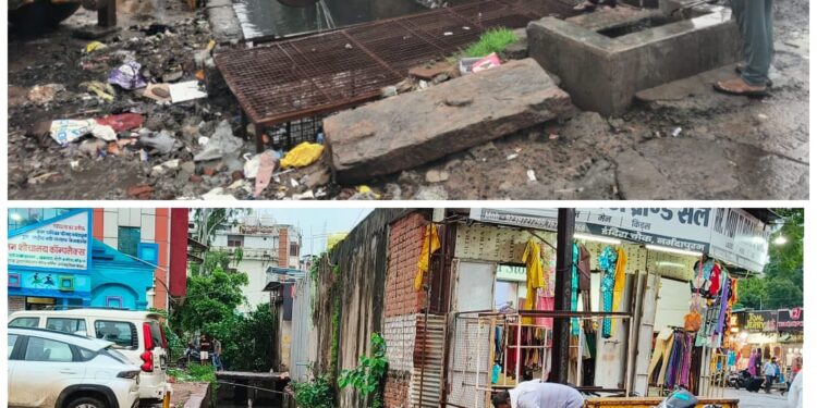 इंदिरा चौक के पास बीच बाजार जल भराव के कारण नाले में लगाई गई लोहे की जालियां हटाई गई…!वीडियो