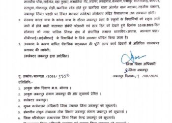 संस्कार कांवड यात्रा पर सोमवार 10 अगस्त को नगर निगम क्षेत्र में संचालित सभी शासकीय एवं आशासकीय स्कूलों में अवकाश घोषित.