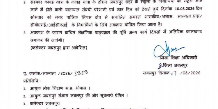 संस्कार कांवड यात्रा पर सोमवार 10 अगस्त को नगर निगम क्षेत्र में संचालित सभी शासकीय एवं आशासकीय स्कूलों में अवकाश घोषित.
