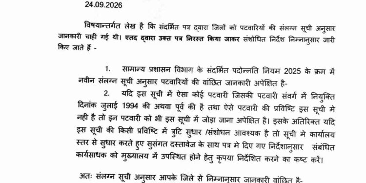 पटवारियों की पदोन्नति को लेकर बड़ा अपडेट, सभी जिलों से मांगी गई जानकारी देखिए कटनी से किन पटवारियों की जानकारी मांगी गई?
