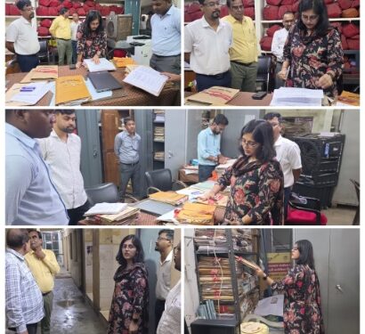 निगम कार्यालय की व्यवस्थाओं का निगमायुक्त सुश्री तपस्या परिहार ने किया निरीक्षण* *रिकार्ड के व्यवस्थित संधारण के साथ स्वच्छ, सुव्यवस्थित एवं नागरिक सुविधायुक्त कार्यालय रखने के निर्देश*